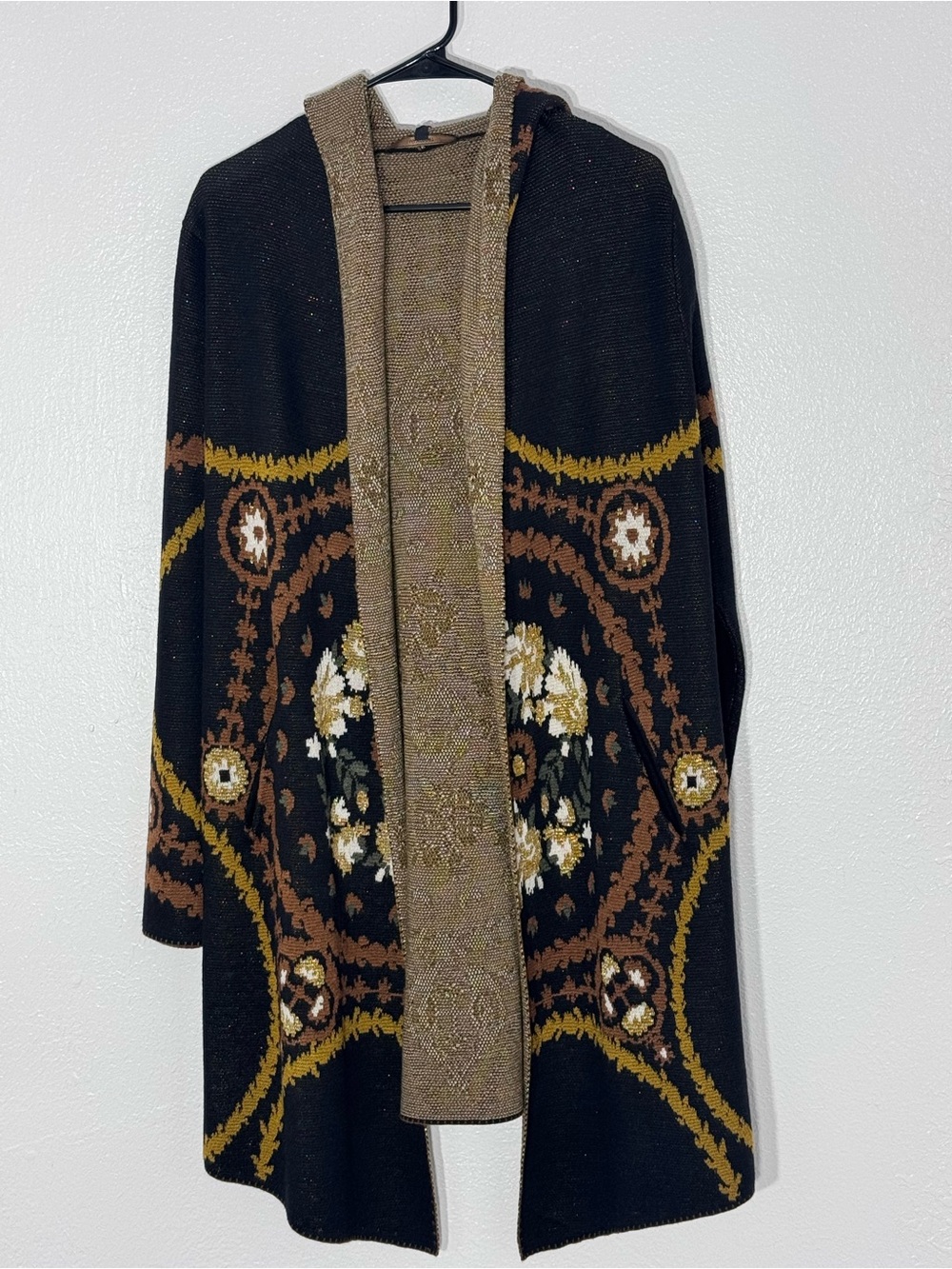 Max Sport Black Floral Pattern Open-Front Women's Sweater Cardigan